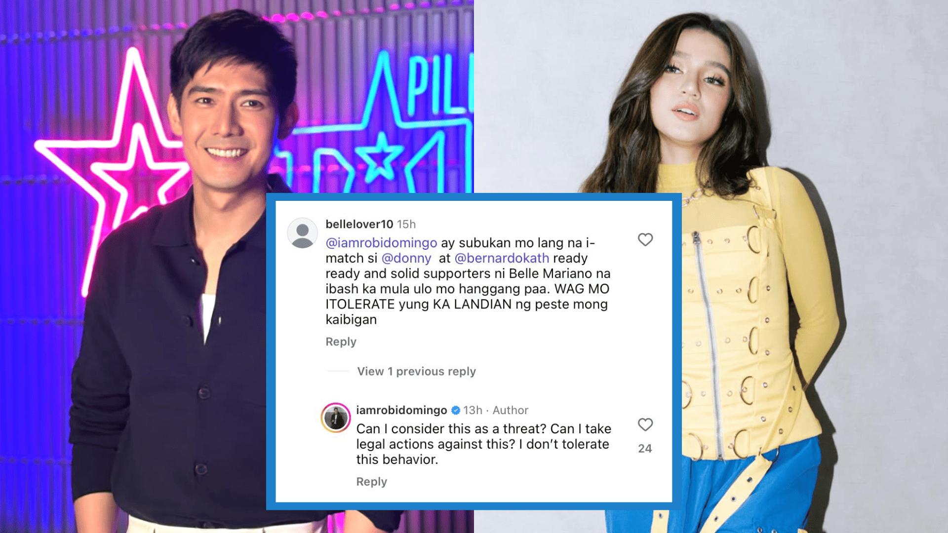 Robi Domingo raises possibility of legal action against aggressive DonBelle  fan; Belle Mariano fan club defends actress and 'true' fans